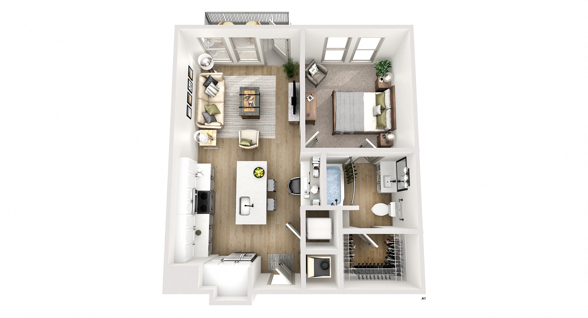 Floor plan for 1 bed, 1 bath, 678 sqft